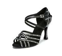 OWEIEYEU Chaussures de danse latine pour femme avec strass, tango, danse de salon, mariage, fête, sandales habillées, Talon noir de 8 cm., 36.5 EU