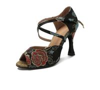 OWEIEYEU Chaussures de danse latine texturées à fleurs pour femme Tango Salsa Rumba Chaussures d'entraînement en satin à talons hauts, Talon noir de 9 cm, 36.5 EU
