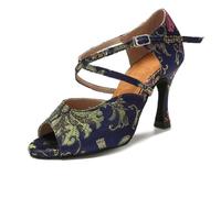 OWEIEYEU Chaussures de danse latine texturées à fleurs pour femme Tango Salsa Rumba Chaussures d'entraînement en satin à talons hauts, Talon bleu de 8 cm, 36.5 EU