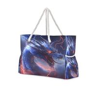 OWFKAY Grand sac de plage fourre-tout en toile résistant à l'eau pour salle de sport, voyage, quotidien Motif dragon bleu