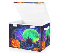 OWFKAY Grands bacs de rangement pliables en tissu avec couvercles, 41,9 x 32 x 30 cm, citrouille, lune, château, boîtes de rangement pliables pour étagères