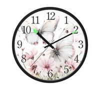 OWFKAY Horloge murale silencieuse de 30,5 cm à piles, lumineuse, sans tic-tac, horloge décorative en acrylique, pour chambre à coucher, bureau, école, maison, deux papillons et fleurs roses