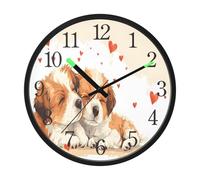 OWFKAY Horloge murale silencieuse de 30,5 cm, fonctionne à piles, lumineuse, sans tic-tac, horloges décoratives en acrylique pour chambre à coucher, bureau, école, maison, deux petits chiens cœurs