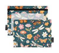 OWFKAY Lot de 2 trousses à crayons pour classeur à 3 anneaux, 3 trous avec fenêtre transparente, libellule, papillon, fleurs, Libellule Papillon Fleurs, one sizex2, Trousse de toilette