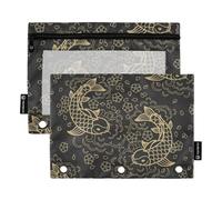 OWFKAY Lot de 2 trousses à crayons pour classeur à 3 anneaux, 3 trous avec fenêtre transparente, motif carpes koï dorés sur fond noir, Poisson koï doré sur fond noir, one sizex2, Trousse de toilette