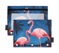 OWFKAY Lot de 2 trousses à crayons pour classeur à 3 anneaux, 3 trous avec fenêtre transparente, motif flamants roses et lune, Flamants roses et lune, one sizex2, Trousse de toilette