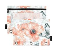 OWFKAY Lot de 2 trousses à crayons pour classeur à 3 anneaux, 3 trous avec fenêtre transparente, motif papillon et fleurs, Motif fleurs et papillons, one sizex2, Trousse de toilette