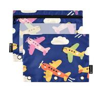 OWFKAY Lot de 2 trousses à crayons pour classeur à 3 anneaux, 3 trous avec fenêtre transparente, motif avion bleu foncé, Motif de fond bleu foncé d'avion, one sizex2, Trousse de toilette
