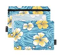 OWFKAY Lot de 2 trousses à crayons pour classeur à 3 anneaux, 3 trous avec fenêtre transparente, motif fleurs hawaïennes sur fond bleu, Motif fleurs hawaïennes sur fond bleu, one sizex2, Trousse de