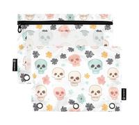 OWFKAY Lot de 2 trousses à crayons pour classeur à 3 anneaux, 3 trous avec fenêtre transparente, motif tête de mort et fleurs, Motif tête de mort et fleurs, one sizex2, Trousse de toilette