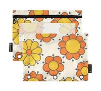 OWFKAY Lot de 2 trousses à crayons pour classeur à 3 anneaux - 3 trous avec fenêtre transparente - Motif floral rétro orange et jaune, Fleur rétro orange et jaune des années 60, one sizex2, Trousse de