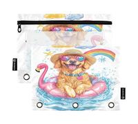 OWFKAY Lot de 2 trousses à crayons pour classeur à 3 anneaux, 3 trous avec fenêtre transparente, motif flamant rose doré retriever, Bouée Golden Retriever Flamingo, one sizex2, Trousse de toilette