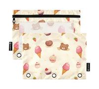 OWFKAY Lot de 2 trousses à crayons pour classeur à 3 anneaux, 3 trous avec fenêtre transparente, motif petit ours crème glacée, Motif crème glacée Little Bear, one sizex2, Trousse de toilette