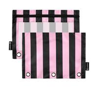 OWFKAY Lot de 2 trousses à crayons pour classeur à 3 anneaux, 3 trous avec fenêtre transparente, motif rayures verticales roses et noires, Motif rayures verticales roses et noires, one sizex2, Trousse