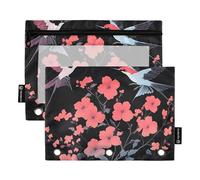 OWFKAY Lot de 2 trousses à crayons pour classeur à 3 anneaux, 3 trous avec fenêtre transparente, motif oiseau et fleur, Oiseau fleur, one sizex2, Trousse de toilette