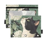 OWFKAY Lot de 2 trousses à crayons pour classeur à 3 anneaux, 3 trous avec fenêtre transparente, motif chat et fleur 5, Chat et fleur 5, one sizex2, Trousse de toilette