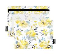 OWFKAY Lot de 2 trousses à crayons pour classeur à 3 anneaux, 3 trous avec fenêtre transparente, motif floral jaune chic sur blanc, Fleurs jaunes chic sur blanc, one sizex2, Trousse de toilette