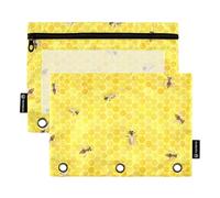 OWFKAY Lot de 2 trousses à crayons pour classeur à 3 anneaux, 3 trous avec fenêtre transparente, ruche jaune, Ruche jaune abeille mignonne, one sizex2, Trousse de toilette