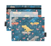 OWFKAY Lot de 2 trousses à crayons pour classeur à 3 anneaux, 3 trous avec fermeture éclair et fenêtre transparente, motif dinosaure mignon, Patineur dinosaure mignon, one sizex2, Trousse de toilette