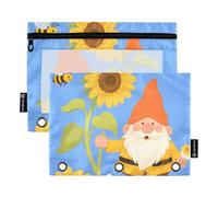 OWFKAY Lot de 2 trousses à crayons pour classeur à 3 anneaux, 3 trous, fermeture éclair, fenêtre transparente, nain de tournesol, abeille, Nain de tournesol abeille, one sizex2, Trousse de toilette