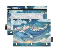 OWFKAY Lot de 2 trousses à crayons pour classeur à 3 anneaux, 3 trous, fermeture éclair, fenêtre transparente, fleur de baleine, surface de mer, Fleur Baleine Surface de la Mer, one sizex2, Trousse de
