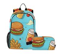 OWFKAY Sac à dos pour enfants, motif hamburgers et jus de fruits, sac à dos d'école avec sac à déjeuner, multicolore, Taille unique