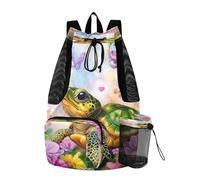 OWFKAY Sac de sport en maille avec cordon de serrage pour équipement de natation, plage, surf, tortue, fleurs, papillon
