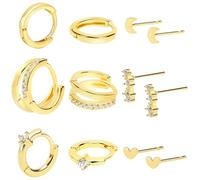 OWill 6 Paires Boucles d'Oreilles Femme, Boucle d'Oreille Acier Inoxydable, Plaqué Or 14K Piercing Cartilage Créoles Clous D'oreilles Lobe Helix Cartilage pour Femmes