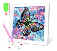 OWill Diamond painting enfant,Papillon broderie diamant kit complet avec Cadre en Bois,5D DIY peinture diamant kit,Jouets artisanaux de peinture diamant pour filles enfants débutant(15x15cm,bleu)
