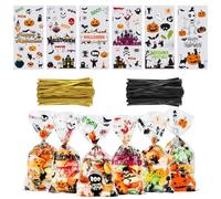 OWill Lot de 120 sacs à bonbons d'Halloween avec 130 attaches torsadées dorées et noires, sacs en cellophane pour bonbons - 27 x 13 cm
