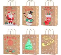 OWill Lot de 24 Sac Cadeau de Noel en Kraft 22x17x8cm avec Poignée,Pochettes Papier Cadeau Noel Imprimées Motifs,Sac Kraft pour Emballage de Cadeaux et Surprises,Sac Papier Cadeau