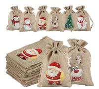 OWill Lot de 24 Sac cadeau noel,10 x 15 cm petits sac cadeautissus,sacs cadeaux en toile de jute noel avec cordon de serrage,emballage cadeau reutilisable pour cadeaux,mariage,bijoux