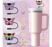 OWill Lot de 6 Couvercles de Paille Pour Tasse Stanley,Bouchon Anti-poussière en Paille,Pendentif Papillon Embouts de Paille en Silicone,Couvercles de Capuchons Paille,Bouchon Anti-Poussière Universel
