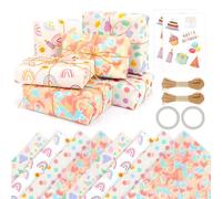 OWill Papier Anniversaire d'emballage 8 Feuilles 70x50cm avec Autocollants, Ruban Adhésif Double Face et Ficelle, Papier Cadeau Anniversaire Multicolore