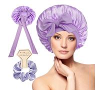 OWITER Bonnet de nuit en satin pour femme, bonnet de nuit réglable en satin doux avec bande élastique pour dormir, bonnet de cheveux + chouchous, lavande, taille unique