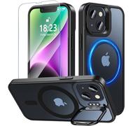 OWKEY Coque de protection magnétique pour iPhone 13/iPhone 14, avec support, compatible avec MagSafe, avec film de protection, protection militaire contre les chutes, les chocs, noir mat translucide