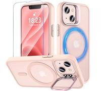 OWKEY Coque de protection magnétique pour iPhone 13/iPhone 14, avec support, compatible avec MagSafe, avec film de protection, protection militaire contre les chutes, les chocs, rose mat translucide