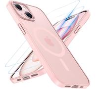 OWKEY Coque de protection pour iPhone 15 de 6,1", compatible avec MagSafe - Avec 2 verres de protection - Magnétique - Qualité militaire - Résistante aux chocs - Mat translucide - Fine - Rose
