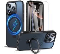 OWKEY Coque de protection pour iPhone 16 Pro, avec support, magnétique, avec verre blindé, protection de qualité militaire, résistante aux chocs, translucide, noire