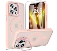 OWKEY Coque pour iPhone 13 Pro avec Béquille Intégrée,Compatible avec MagSafe, Housse Militaire avec Protection Écran, Étui Magnétique Antichoc, Résistant Rayures, Translucide Rose
