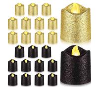 OWLEEN Lot de 24 bougies votives à LED dorées à paillettes noires à piles Jaune chaud
