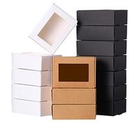 OWLEEN Lot de 30 mini boîtes en papier kraft avec fenêtre pour emballage de , friandises, bonbons (noir, marron, blanc)