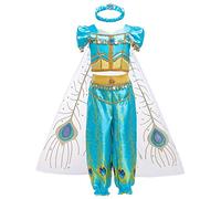 OwlFay Déguisement Jasmine Fille Aladin Robe Princesse pour Carnaval Coslay Halloween Fête Danse Costume Tenue Bleu B 4-5Ans