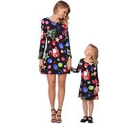 OwlFay Robe de Noël Mère et Fille Robe Femme et Fille Manches Longues Santa Elk Neige Imprimé Robes de Princesse Costume Fête Soirée Cadeau Vêtements Famille G195-Nior Femme XL