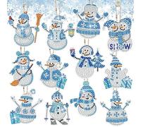 Owlfun Lot de 12 décorations de Noël bonhomme de neige double face avec peinture diamant pour enfants, porte-clés de Noël DIY