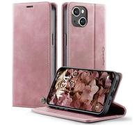 owlhold Étui de protection à rabat en cuir synthétique de qualité supérieure pour iPhone 15 - Avec support pliable - Compartiment pour cartes - Fonction support - Rose