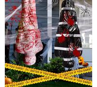 Own1one 2 Ensembles Decoration Halloween Exterieur Kit Complet - 2 Cadavres Gonflables à Suspendre, Drap et Sac Mortuaire, Toile d'Araignée Géante, Araignées et Bande Scène de Crime