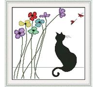 OWN4B Kit de broderie au point de croix Motif chat noir et fleurs 11 ct 46 x 45 cm