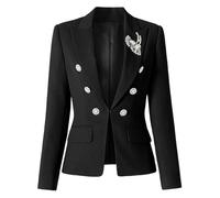 Ownwfeat Blazer de bureau pour femme avec appliques et poches à double boutonnage, coupe ajustée, manteau tendance à manches longues, Noir , S