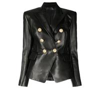 Ownwfeat Blazer de bureau pour femme en cuir PU col cranté manches longues double boutonnage coupe ajustée costume manteau, Noir , XL